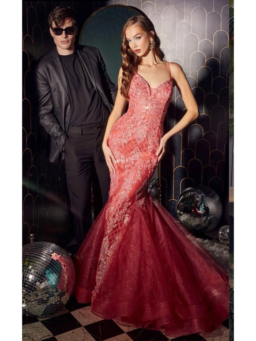 Coral Glitter Print Mermaid Prom Gown with Sweetheart V-Neckline & Lace-Up Back